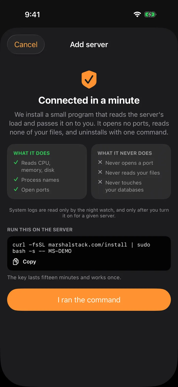 Add server: the command with a one-time key
