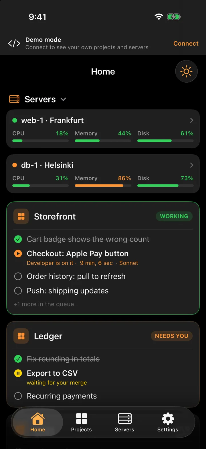 Home: servers and projects at a glance